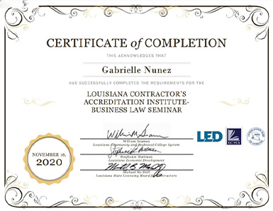 Accredited by Louisiana Contractors Accreditation Institute-Business Seminar
